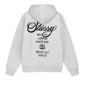 Stüssy World Tour Hoodie Ash Heather Small NWT Graphic Logo